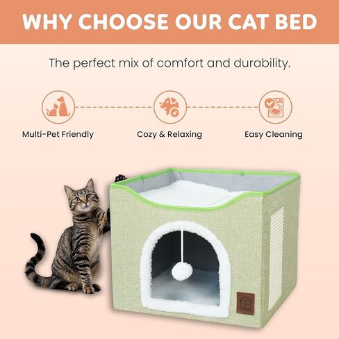 سرير EverBrightly Cat Condo | كهف للحيوانات الأليفة قابل للطي مع وسادة خدش ووسادة ذات وجهين وكرة لعبة معلقة | مخبأ داخلي، ومقعد صالة ومسرح، وكتان متين مع شيربا دافئ in Kuwait