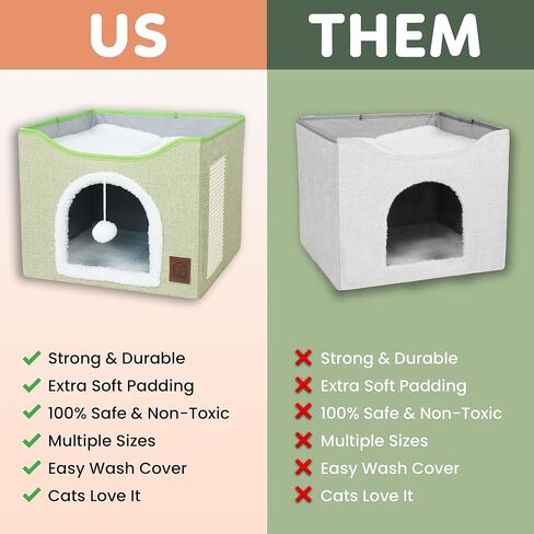 سرير EverBrightly Cat Condo | كهف للحيوانات الأليفة قابل للطي مع وسادة خدش ووسادة ذات وجهين وكرة لعبة معلقة | مخبأ داخلي، ومقعد صالة ومسرح، وكتان متين مع شيربا دافئ in Kuwait