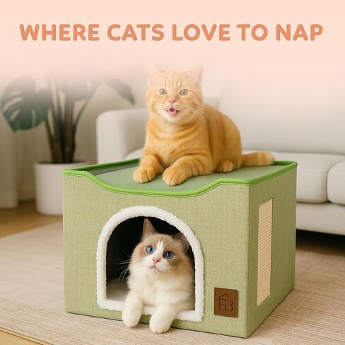 سرير EverBrightly Cat Condo | كهف للحيوانات الأليفة قابل للطي مع وسادة خدش ووسادة ذات وجهين وكرة لعبة معلقة | مخبأ داخلي، ومقعد صالة ومسرح، وكتان متين مع شيربا دافئ in Kuwait