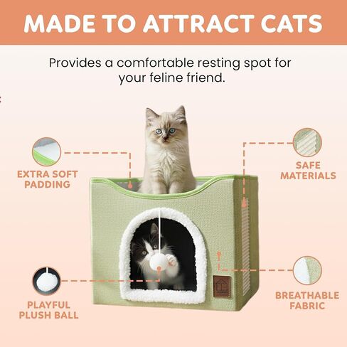 سرير EverBrightly Cat Condo | كهف للحيوانات الأليفة قابل للطي مع وسادة خدش ووسادة ذات وجهين وكرة لعبة معلقة | مخبأ داخلي، ومقعد صالة ومسرح، وكتان متين مع شيربا دافئ in Kuwait
