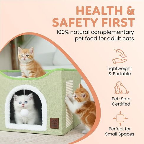 سرير EverBrightly Cat Condo | كهف للحيوانات الأليفة قابل للطي مع وسادة خدش ووسادة ذات وجهين وكرة لعبة معلقة | مخبأ داخلي، ومقعد صالة ومسرح، وكتان متين مع شيربا دافئ in Kuwait