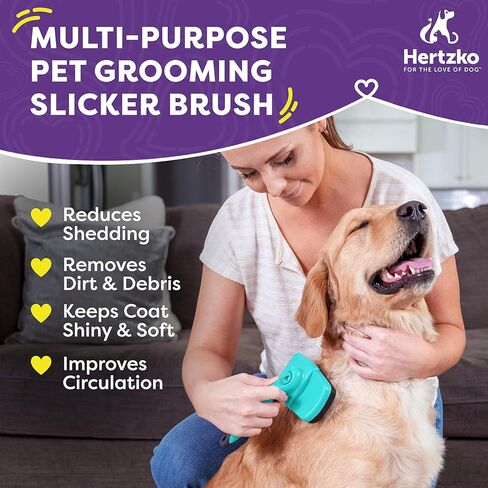 Hertzko Dog Brush for Shedding - Self Cleaning Slicker Brush for Dogs and Cats - Gently Removes Loose Hair, Tangles, and Dirt - Grooming Comb Suitable for Long or Short Coats - Aqua in Kuwait