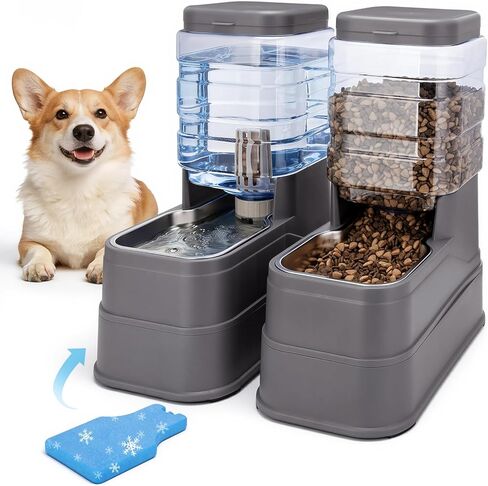 Automatic Cat Feeder and Water Dispenser with Stainless Steel Bowl with Ice Pack Gravity Food Feeder and Waterer Set Feeding Raised Bowls with Filter for Dog 1.3 Gallon x 2(Grey) in Saudi Arabia