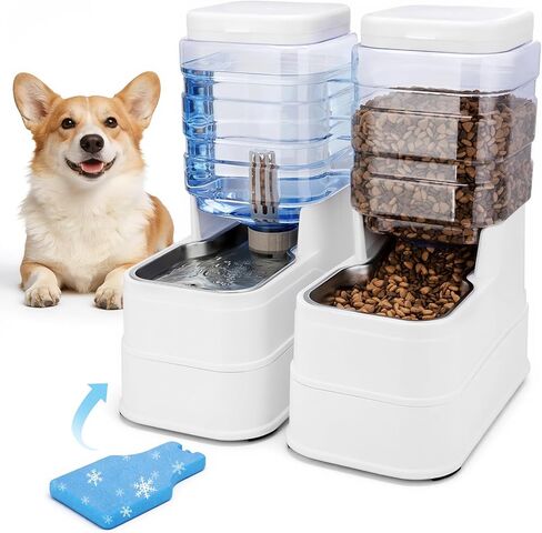 Automatic Cat Feeder and Water Dispenser with Stainless Steel Bowl with Ice Pack Gravity Food Feeder and Waterer Set Feeding Raised Bowls with Filter for Dog 1.3 Gallon x 2(Grey) in Saudi Arabia