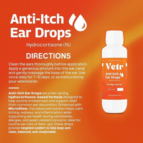 vetr Anti-Itch Ear Drops for Dogs - Topical Ear Comfort Support Solution - 2 oz (60mL) - Vet-Formulated in USA in Kuwait