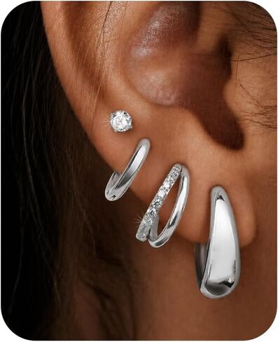 4 Pairs Gold/Silver Hoop Earrings Set for Women 14K Gold Plated Hypoallergenic Surgical Steel Lightweight Cartilage Studs Earrings,Dainty Small Stackable Thick Trendy Jewelry For Sensitive Ears in Saudi Arabia