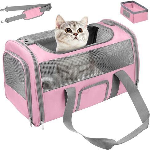 Soft-Sided Cat Carrier for Pets Up to 15lbs, Airline Approved Under-Seat Travel Carrier, 17 Inch TSA Approved with Collapsible Bowl, Breathable Mesh & Removable Pad, Pink-Grey in Kuwait