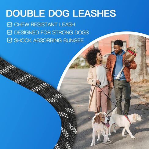 مقود مزدوج للكلاب من مينج إكس بيتس، مقود مزدوج للكلاب، يدور 360 درجة بدون تشابك، تدريب على المشي بالحبال المطاطية للكلاب المتوسطة الكبيرة، ممتص للصدمات عاكس لكلبين، 18 إلى 120 رطل، داكن in Kuwait