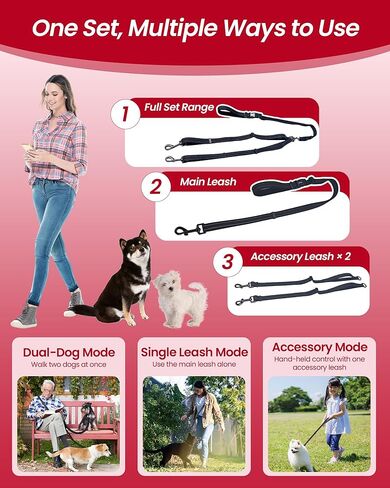 مقود مزدوج للكلاب - مقود للكلاب بتصميم غير متشابك، حزام خصر 3 في 1 قابل للتعديل لكلبين، مقود مزدوج قابل للفصل أو حزام واحد، مناسب للكلاب للتدريب والجري والمشي. in Kuwait