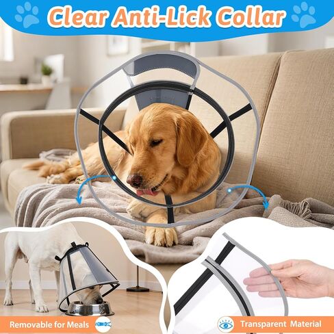 Extended Dog Cone to Stop Licking, Adjustable Depth, Transparent Recovery Collar for Large Medium Dogs, Soft E-Collar After Surgery Neuter with Reflective Strip for Night Visibility XL in Kuwait