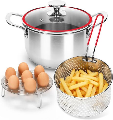 Deep Fryer Pot with Basket, Cooking Pot with Strainer Basket, 4.0L/4.2QT Multi-function Pot with Anti-scald Handle, Egg Steamer Rack & Lid, Stainless Steel Cookware for Home Kitchen Outdoor Camping in Kuwait