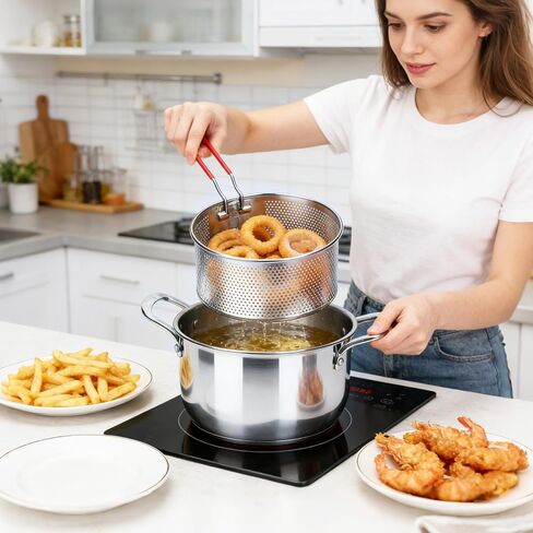 Deep Fryer Pot with Basket, Cooking Pot with Strainer Basket, 4.0L/4.2QT Multi-function Pot with Anti-scald Handle, Egg Steamer Rack & Lid, Stainless Steel Cookware for Home Kitchen Outdoor Camping in Kuwait