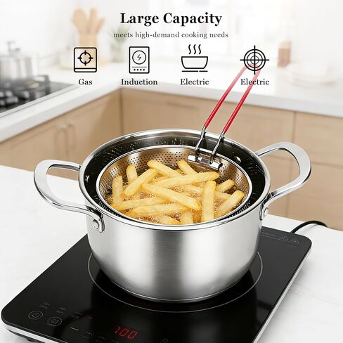 Deep Fryer Pot with Basket, Cooking Pot with Strainer Basket, 4.0L/4.2QT Multi-function Pot with Anti-scald Handle, Egg Steamer Rack & Lid, Stainless Steel Cookware for Home Kitchen Outdoor Camping in Kuwait