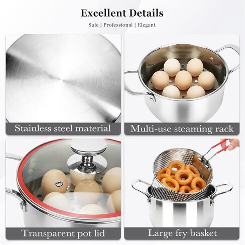 Deep Fryer Pot with Basket, Cooking Pot with Strainer Basket, 4.0L/4.2QT Multi-function Pot with Anti-scald Handle, Egg Steamer Rack & Lid, Stainless Steel Cookware for Home Kitchen Outdoor Camping in Kuwait