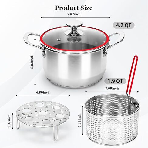 Deep Fryer Pot with Basket, Cooking Pot with Strainer Basket, 4.0L/4.2QT Multi-function Pot with Anti-scald Handle, Egg Steamer Rack & Lid, Stainless Steel Cookware for Home Kitchen Outdoor Camping in Kuwait
