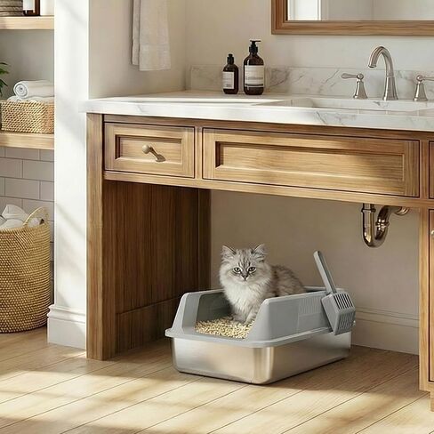 Lifewit Stainless Steel Litter Box for Kitty, Small Metal Cat Litter Tray with Non-Slip Pads, Anti-Leakage Top Entry and High Sided, Easy to Clean, 17.7" L×13.8" W×8.3" H, Gray in Saudi Arabia