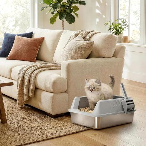Lifewit Stainless Steel Litter Box for Kitty, Small Metal Cat Litter Tray with Non-Slip Pads, Anti-Leakage Top Entry and High Sided, Easy to Clean, 17.7" L×13.8" W×8.3" H, Gray in Saudi Arabia