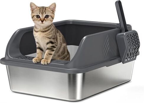 Stainless Steel Litter Box, 2 Pack XL Metal Cat Litter Boxes with Lid High Sided Enclosed for Big Cat and Multiple Cats, Anti-Urine Leakage | Non-Stick Bottom & Includes Scoop in Kuwait