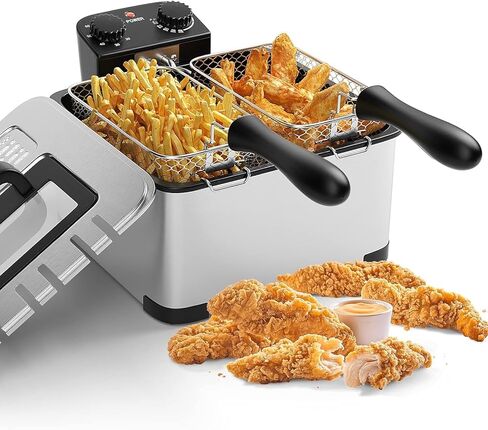 مقالي عميقة مع 3 سلال - سيمو 5.3QT/21 كوب مقلاة كهربائية كبيرة، مقلاة زيت عميقة من الفولاذ المقاوم للصدأ 1700 وات مع غطاء، درجة حرارة قابلة للتعديل ومؤقت ونافذة عرض، درجة احترافية in Kuwait