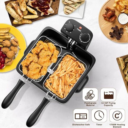 مقالي عميقة مع 3 سلال - سيمو 5.3QT/21 كوب مقلاة كهربائية كبيرة، مقلاة زيت عميقة من الفولاذ المقاوم للصدأ 1700 وات مع غطاء، درجة حرارة قابلة للتعديل ومؤقت ونافذة عرض، درجة احترافية in Kuwait