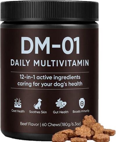 DM-01 فيتامينات يومية متعددة للكلاب، مضغ متعدد الفيتامينات لتخفيف الحكة يحتوي على زيت السلمون البروبيوتيك الجلوكوزامين لمعطف الجلد، ودعم الأمعاء والمناعة، 60 قطعة مضغ (1) in Kuwait