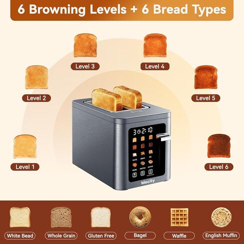 Mecity 2 Slice Toaster Smart Touchscreen, Stainless Steel Wide Slot Toasters Defrost, Reheat, Memory Function, Auto Shutoff, Digital Electric Bread Toaster for Bagel Muffin Waffle, 120V in Kuwait