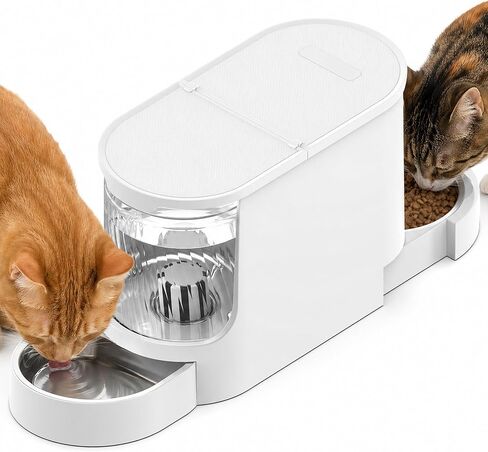 JUNSPOW Automatic Cat Feeder 2-in-1 Set, Gravity Cat Food Feeder and Water Dispenser, Dog Feeding & Watering Supply with Stailess Steel Bowls, Large Capacity Low Noise, White in Saudi Arabia