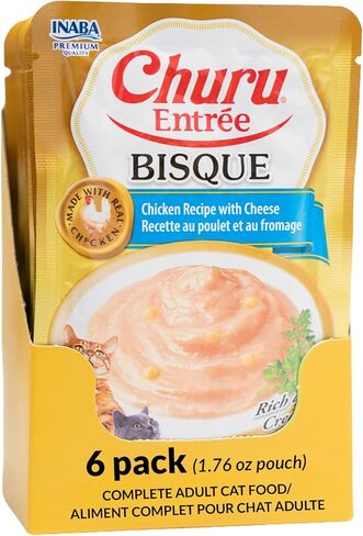 INABA Churu Entrée Bisque for Cats, Grain-Free, High Moisture, Prebiotic Wet Cat Food, 1.76oz. per Pouch, 6 Pouches, Chicken with Cheese Recipe in Saudi Arabia