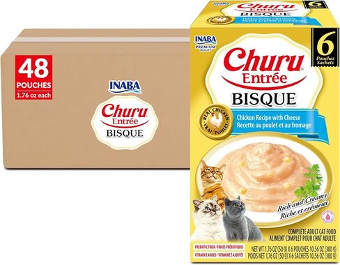 INABA Churu Entrée Bisque for Cats, Grain-Free, High Moisture, Prebiotic Wet Cat Food, 1.76oz. per Pouch, 6 Pouches, Chicken with Cheese Recipe in Saudi Arabia