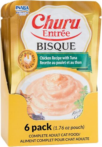 INABA Churu Entrée Bisque for Cats, Grain-Free, High Moisture, Prebiotic Wet Cat Food, 1.76oz. per Pouch, 6 Pouches, Chicken with Cheese Recipe in Saudi Arabia