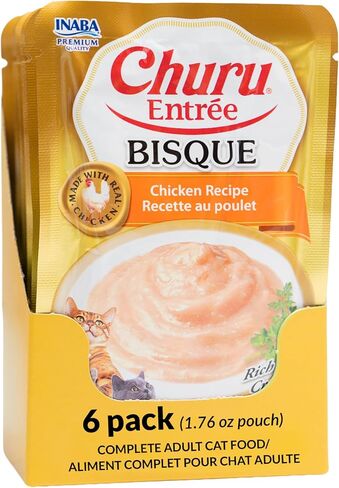 INABA Churu Entrée Bisque for Cats, Grain-Free, High Moisture, Prebiotic Wet Cat Food, 1.76oz. per Pouch, 6 Pouches, Chicken with Cheese Recipe in Saudi Arabia
