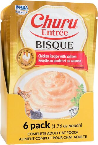 INABA Churu Entrée Bisque for Cats, Grain-Free, High Moisture, Prebiotic Wet Cat Food, 1.76oz. per Pouch, 6 Pouches, Chicken with Cheese Recipe in Saudi Arabia