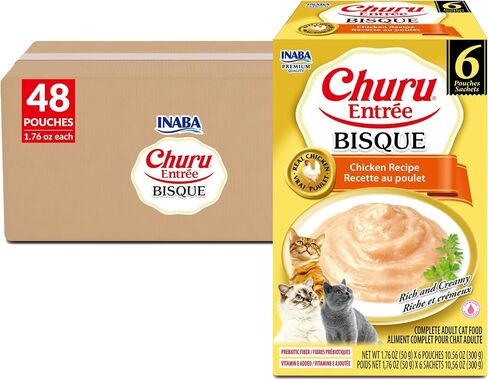 INABA Churu Entrée Bisque for Cats, Grain-Free, High Moisture, Prebiotic Wet Cat Food, 1.76oz. per Pouch, 6 Pouches, Chicken with Cheese Recipe in Saudi Arabia