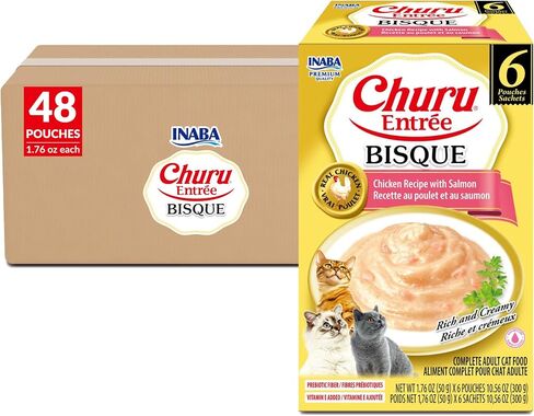 INABA Churu Entrée Bisque for Cats, Grain-Free, High Moisture, Prebiotic Wet Cat Food, 1.76oz. per Pouch, 6 Pouches, Chicken with Cheese Recipe in Saudi Arabia