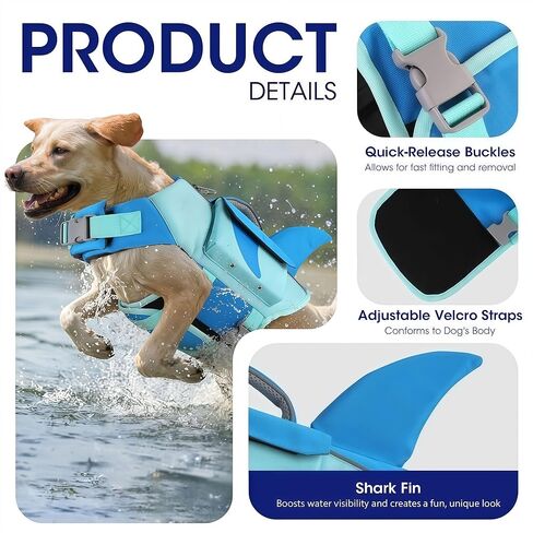 Dogcheer Shark Dog Life Jacket, High Buoyancy Dog Life Vest with Removable Foam Panels, Rescue Handle & Reflective Stripes, Dog Swimming Vest for Swim-Loving, Beginner, Senior & Weak Dogs, Blue XS in Saudi Arabia
