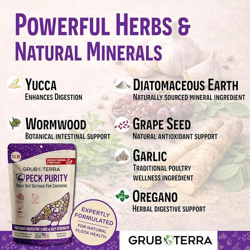 PeckPurity Natural Chicken Herbal Supplement Dewormer – Daily Gut Support with Diatomaceous Earth & Yucca Extract – for Hens, Chicks & Wild Birds – Plant-Based Digestive Health Blend – USA (1 LB) in Kuwait