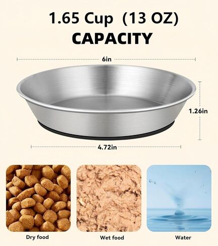2 Pack Stainless Steel Cat Bowls for Food and Water, Shallow Non-Slip Silicone Bottom Dishes for Cat and Small Dog Puppies, Capacity of 13 Oz, Size: 6" Width and 1.26" Height in Kuwait