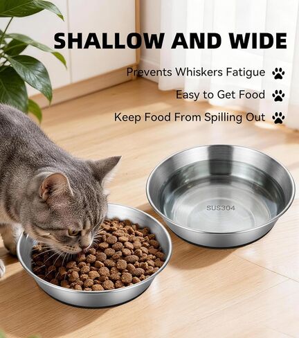 2 Pack Stainless Steel Cat Bowls for Food and Water, Shallow Non-Slip Silicone Bottom Dishes for Cat and Small Dog Puppies, Capacity of 13 Oz, Size: 6" Width and 1.26" Height in Kuwait