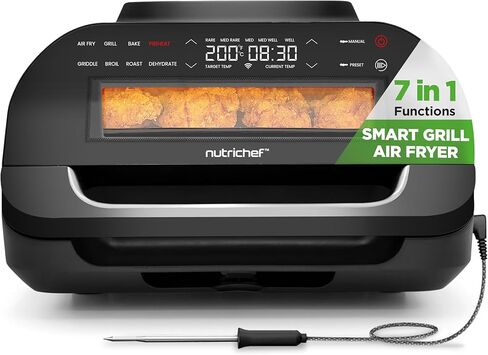 NutriChef Indoor Smokeless Grill - Smart Grill & Air Fryer with 7 Cooking Functions - 6L Capacity - Includes Smart Thermometer - Precise Temperature Control - Non-Stick Removable Grill Plates in Kuwait