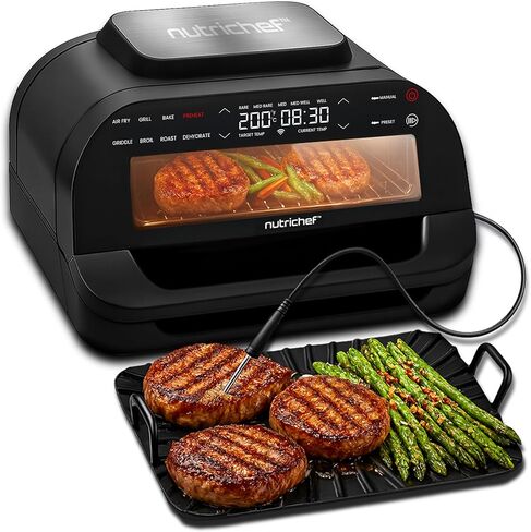 NutriChef Indoor Smokeless Grill - Smart Grill & Air Fryer with 7 Cooking Functions - 6L Capacity - Includes Smart Thermometer - Precise Temperature Control - Non-Stick Removable Grill Plates in Kuwait