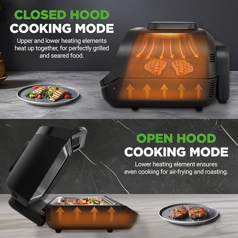 NutriChef Indoor Smokeless Grill - Smart Grill & Air Fryer with 7 Cooking Functions - 6L Capacity - Includes Smart Thermometer - Precise Temperature Control - Non-Stick Removable Grill Plates in Kuwait