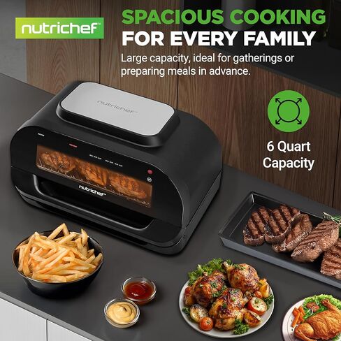NutriChef Indoor Smokeless Grill - Smart Grill & Air Fryer with 7 Cooking Functions - 6L Capacity - Includes Smart Thermometer - Precise Temperature Control - Non-Stick Removable Grill Plates in Kuwait