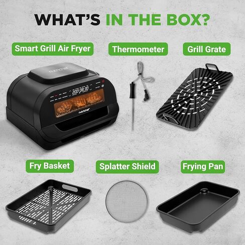 NutriChef Indoor Smokeless Grill - Smart Grill & Air Fryer with 7 Cooking Functions - 6L Capacity - Includes Smart Thermometer - Precise Temperature Control - Non-Stick Removable Grill Plates in Kuwait