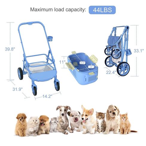 4-Wheel All-Terrain Dog Stroller Jogger, One-Click Foldable Pet Carrier for Cats & Dogs up to 44lbs, with Detachable Basket, Storage Bag & Cup Holder, Lightweight Blue Pet Travel Stroller in Kuwait