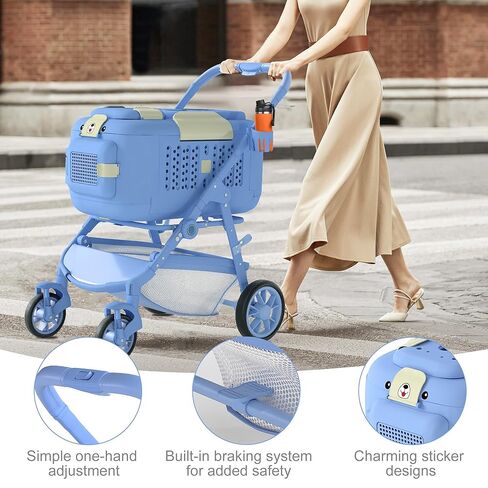 4-Wheel All-Terrain Dog Stroller Jogger, One-Click Foldable Pet Carrier for Cats & Dogs up to 44lbs, with Detachable Basket, Storage Bag & Cup Holder, Lightweight Blue Pet Travel Stroller in Kuwait