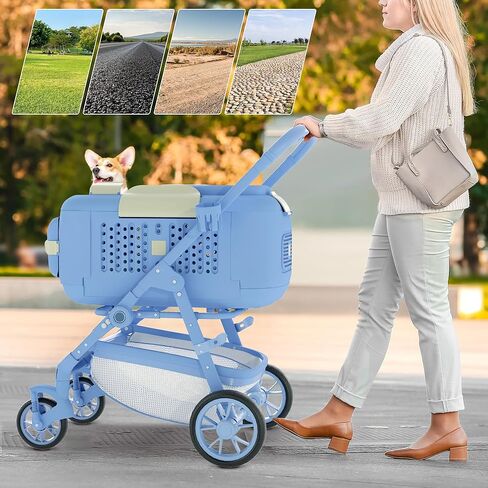 4-Wheel All-Terrain Dog Stroller Jogger, One-Click Foldable Pet Carrier for Cats & Dogs up to 44lbs, with Detachable Basket, Storage Bag & Cup Holder, Lightweight Blue Pet Travel Stroller in Kuwait