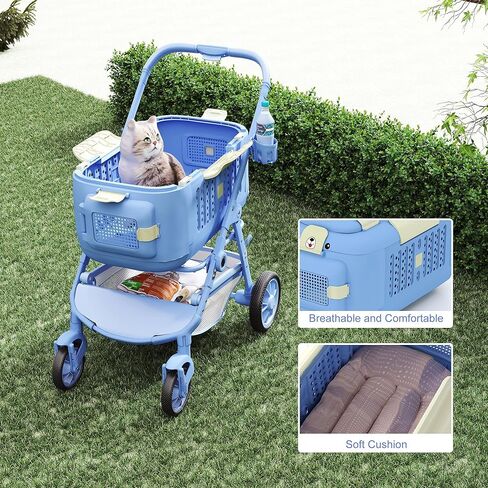 4-Wheel All-Terrain Dog Stroller Jogger, One-Click Foldable Pet Carrier for Cats & Dogs up to 44lbs, with Detachable Basket, Storage Bag & Cup Holder, Lightweight Blue Pet Travel Stroller in Kuwait