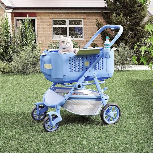4-Wheel All-Terrain Dog Stroller Jogger, One-Click Foldable Pet Carrier for Cats & Dogs up to 44lbs, with Detachable Basket, Storage Bag & Cup Holder, Lightweight Blue Pet Travel Stroller in Kuwait