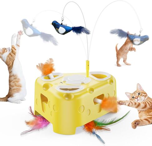 Automatic Cheese-Shaped Interactive Cat Toy – Flying Bird, 6-Hole Mole & Rotating Feather | USB Rechargeable Electronic Feather Toy for Indoor Adult Cats & Kittens, Relieves Boredom in Kuwait