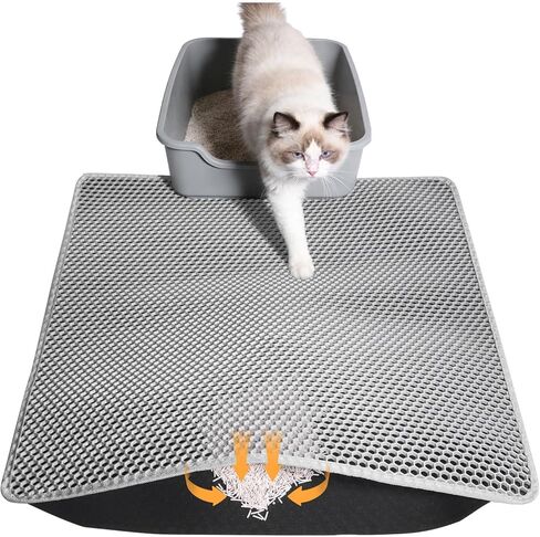 بساط فضلات القطط، طبقة مزدوجة على شكل قرص العسل مقاومة للماء والبول وغير قابلة للانزلاق، تحكم سهل في التناثر وقابل للغسل في صندوق الفضلات (رمادي، 24x15 بوصة) in Kuwait